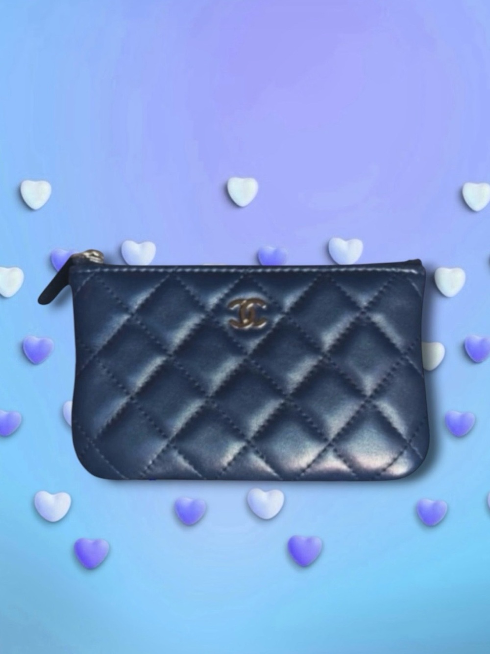 🩷CHANEL Classic Quilted Navy Lambskin Zipped Case Pouch Wallet Clutch Silver HW